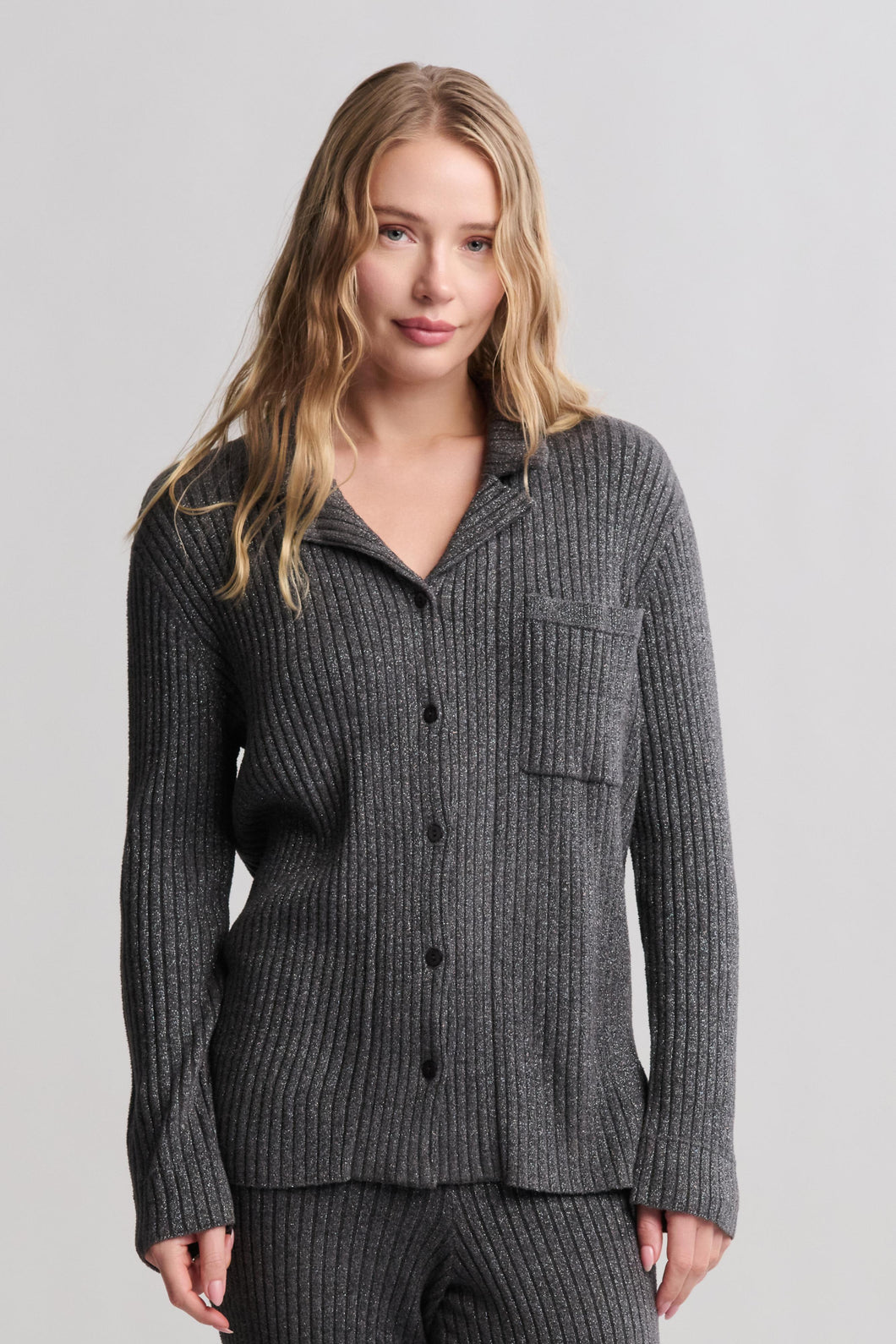 Barefoot Dreams - Ultra Lite Lurex Rib Button Front Shirt